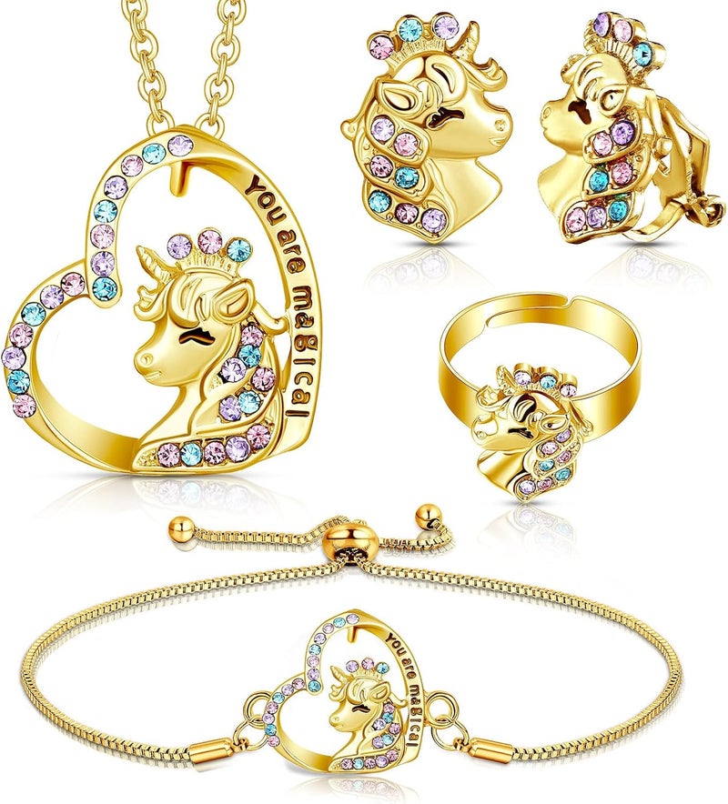Herdear 4 Pcs Girl Unicorn Axolotl Jewelry Set Bracelet Ring Stud Earring Crystal Pendant Jewelry for Christmas Toddler Gifts - Image 1
